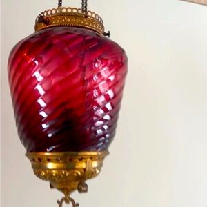 Antique Cranberry Glass Swirl Pull Down Oil Lamp Chains Parlor Hanging 1840